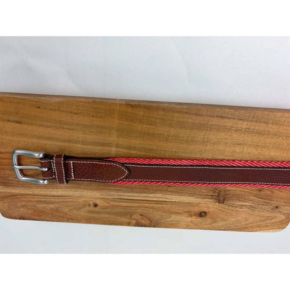 Vineyard Vines Belt 34 Brown Jetty Red Pebbled Leather Chevron Webbing Preppy‎